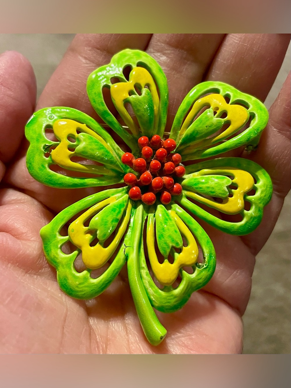Vintage Green & Yellow Floral Statement Brooch with Red Accents